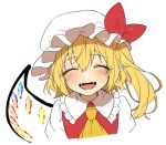  1girl ascot blonde_hair bow crystal eyes_closed flandre_scarlet frilled_shirt_collar frills hair_between_eyes hat hat_bow highres kuronohana mob_cap open_mouth red_bow red_vest shirt simple_background single_wing solo teeth touhou vest white_background white_headwear white_shirt wings 