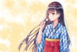  1girl akaya_(pixiv20545353) bangs blush brown_eyes brown_hair commentary dandelion eyebrows_visible_through_hair flower hairband hakama hand_up holding holding_flower japanese_clothes kimono long_hair long_sleeves looking_away original parted_lips print_kimono red_hairband red_hakama solo upper_body very_long_hair wide_sleeves yagasuri 