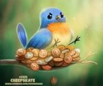  avian beady_eyes bird black_eyes blue_feathers bluebird coin cryptid-creations eastern_bluebird feathered_wings feathers grumpy humor male nest orange_feathers pun visual_pun wings yellow_feathers 