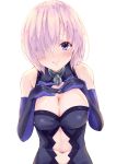  1girl bare_shoulders black_gloves blush breasts cleavage collarbone commentary_request elbow_gloves eyebrows_visible_through_hair eyes_visible_through_hair fate/grand_order fate_(series) gloves hair_over_one_eye hands_on_own_chest highres lavender_hair leotard looking_at_viewer mash_kyrielight medium_breasts multicolored multicolored_clothes multicolored_gloves navel purple_eyes purple_gloves roriwanko shiny shiny_skin short_hair simple_background smile solo upper_body white_background 