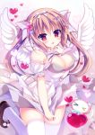  &gt;_&lt; 1girl blue_eyes blue_flower blush bow breasts brown_footwear brown_hair cat_hair_ornament cleavage closed_mouth commentary_request detached_sleeves dress dress_tug eyes_closed fang feathered_wings flower grey_bow hair_bow hair_flower hair_ornament heart heterochromia large_breasts long_hair original parted_lips puffy_short_sleeves puffy_sleeves red_eyes shiwasu_horio shoes short_sleeves skindentation smile solo strapless strapless_dress thighhighs twintails very_long_hair white_bow white_dress white_legwear white_sleeves white_wings wings yellow_eyes 