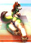  anthro beach bikini butt canid canine clothed clothing eri-yo female hi_res looking_at_viewer looking_back mammal outside seaside smile solo swimsuit tattoo thigh_gap towel 