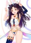  1girl absurdres animal_ears asymmetrical_legwear asymmetrical_sleeves bangs bare_shoulders black_hair black_legwear blush breasts bunny_ears bunny_ears_prank cleavage collarbone commentary_request crown detached_collar earrings elbow_gloves fate/grand_order fate_(series) gloves hair_ribbon hands_up highres hoop_earrings ishtar_(fate/grand_order) jewelry long_hair looking_at_viewer medium_breasts navel neck_ring open_mouth parted_bangs red_eyes ribbon single_elbow_glove single_thighhigh sleeveless smile solo standing strapless thighhighs tming two_side_up 