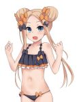  1girl :d abigail_williams_(fate/grand_order) alternate_hairstyle bangs bikini black_bikini black_bikini_bottom black_bikini_top black_bow blonde_hair blue_eyes blush bow commentary_request double_bun fate/grand_order fate_(series) hair_bow highres long_hair looking_at_viewer mz_(ltge3238) navel open_mouth orange_bow parted_bangs polka_dot polka_dot_bow simple_background smile solo swimsuit very_long_hair white_background 