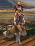  anthro beach blue_eyes canid canine claws clothed clothing digitigrade dipstick_tail dress emmy_velanie female fox gloves_(marking) hair hat hi_res horizon jewelry long_hair lord_magicpants mammal markings multi_tail multicolored_tail necklace outside sea seaside sky smile socks_(marking) solo standing toe_claws water 