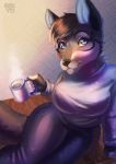  2018 5_fingers anthro blue_eyes brown_hair canid canine canis clothed clothing domestic_dog eri-yo female hair hi_res mammal sitting smile solo 