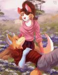  anthro brown_hair canid canine canis cheek_tuft clothed clothing domestic_dog duo eri-yo eye_contact female field hair hand_on_chest hi_res looking_at_another lying male mammal on_back outside sitting tree tuft 