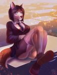  anthro blouse butt canid canine clothed clothing eri-yo female footwear hair hi_res jacket legwear looking_at_viewer mammal necktie panties shoes sitting skirt solo thigh_highs underwear 