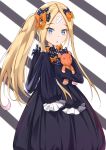 1girl abigail_williams_(fate/grand_order) absurdres alternate_hairstyle bangs black_bow blonde_hair blue_eyes bow commentary_request eyebrows_visible_through_hair fate/grand_order fate_(series) hair_bow hair_ornament highres long_hair looking_at_viewer object_hug orange_bow parted_bangs parted_lips polka_dot polka_dot_bow sleeves_past_fingers sleeves_past_wrists solo stuffed_animal stuffed_toy teddy_bear tming very_long_hair 