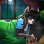  &lt;3 anthro bed bedroom black_hair blue_eyes canid canine canis domestic_dog first_person_view hair hand_holding happy human love male_pov mammal moon sally_(povinne10) talilly 