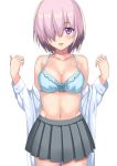  1girl bare_shoulders blue_bra blush bra breasts cleavage collarbone dress_shirt fate/grand_order fate_(series) grey_skirt hair_over_one_eye lavender_hair looking_at_viewer mash_kyrielight medium_breasts navel off_shoulder open_clothes open_mouth open_shirt parted_lips pleated_skirt purple_eyes ryuunonon shirt short_hair simple_background skirt smile solo underwear white_background 