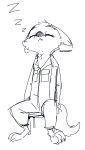  2018 ambiguous_gender anthro black_and_white canid canine cheek_tuft claws coveralls disney eyes_closed fox fuel_(artist) head_tuft mammal monochrome neck_tuft simple_background sitting skye_(zootopia) sleeping sound_effects toe_claws tuft white_background zootopia zzz 