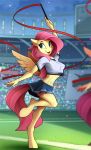  2019 5_fingers anthro breasts clothed clothing cutie_mark detailed_background digital_media_(artwork) equid equine feathered_wings feathers female fluttershy_(mlp) friendship_is_magic fur hair hi_res mammal midriff miniskirt my_little_pony navel nipple_outline pink_hair pterippus skirt smile standing wings yakovlev-vad yellow_feathers yellow_fur 