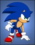  2019 5_fingers anthro black_border black_nose blue_background blue_hair border clothing determined eulipotyphlan featureless_crotch footwear fur gloves green_eyes hair hedgehog kneeling male mammal mostly_nude red_shoes shoes simple_background solo sonic_(series) sonic_the_hedgehog verona7881 video_games white_gloves 