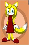  2018 anthro big_ears blue_eyes bracelet canid canine clothed clothing eyelashes female footwear fox fur gloves hair jewelry mammal red_dress shoes simple_background solo sonic_(series) tagme verona7881 video_games yellow_fur zooey_the_fox 