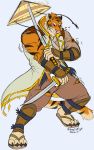  2019 absurd_res anthro clothed clothing dhanisani felid fur hi_res kemono male mammal melee_weapon pantherine simple_background sword tiger weapon 