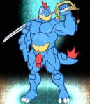  2019 absurd_res animal_genitalia anso/rez anthro barefoot biceps blue_scales charm claws crocodilian digital_media_(artwork) feraligatr flaccid genital_slit glint hi_res holding_object holding_weapon humanoid_penis lazor_gator lazorgatr looking_at_viewer male musclegut muscular muscular_male nintendo nude pecs penis pok&eacute;mon pok&eacute;mon_(species) raised_arm red_eyes reptile scales scalie slit solo standing teeth twitch_plays_pok&eacute;mon video_games weapon yellow_scales 