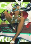  1girl ainezu belt beltbra breasts character_name clover dark_skin eating feet food four-leaf_clover grey_hair guilty_gear guilty_gear_xrd hamburger hat highres long_hair medium_breasts orange_eyes ramlethal_valentine short_shorts shorts sitting solo thigh_strap toes underboob 