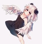  1girl absurdres angel_wings black_dress blush commentary_request dress expressionless feathered_wings highres horns kosobin leaning_back original red_eyes short_dress short_hair simple_background solo white_background white_hair wing_censor wings 