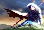  1boy blue_hair cape eilinna fate/stay_night fate_(series) fur_collar gae_bolg lancer male_focus mountain polearm ponytail red_eyes sitting sky solo spear weapon 