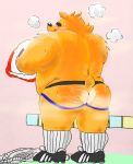  2019 anthro belly blush brown_fur butt clothing fur jockstrap male mammal overweight overweight_male panman11293 solo underwear undressing ursid 