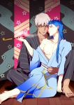  2boys archer barefoot blue_hair dark_skin dark_skinned_male eilinna fate/stay_night fate_(series) gae_bolg hair_down japanese_clothes kimono kiseru lancer long_hair male_focus multiple_boys pipe red_eyes white_hair yaoi 