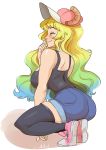 1girl absurdres ass back bare_arms bare_shoulders baseball_cap black_legwear black_tank_top blonde_hair blue_hair breasts closed_mouth denim denim_shorts dragon_horns eyes_closed from_side full_body gradient_hair green_hair hat highres horns kobayashi-san_chi_no_maidragon large_breasts multicolored_hair quetzalcoatl_(maidragon) shoes shorts simple_background smile sneakers solo squatting tank_top thighhighs thighs white_background 