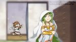  abswillowfan blanket boku_no_hero_academia chest_of_drawers dress green_hair jewelry kid_icarus looking_back necklace nintendo open_mouth opening_door palutena parody pit running smile squatting white_dress 