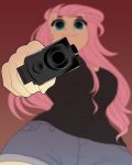  2019 absurd_res anthro blurred_background breasts digital_media_(artwork) equid equine evehly female fluttershy_(mlp) friendship_is_magic gun hair handgun hi_res holding_object holding_weapon long_hair looking_at_viewer mammal my_little_pony pink_hair ranged_weapon smile solo teal_eyes weapon 