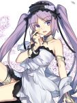  1girl bare_shoulders collarbone euryale fate/grand_order fate_(series) finger_to_cheek garter_straps long_hair looking_at_viewer nikame purple_eyes purple_hair solo stheno thighs twintails 