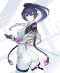  1girl absurdres ass bodysuit english_text from_behind fur_collar gloves hair_between_eyes high_ponytail highres holding holding_sword holding_weapon honkai_(series) honkai_impact_3 kai1up leg_belt long_hair long_sleeves looking_at_viewer looking_back purple_eyes purple_hair raiden_mei serious sidelocks solo sword weapon 