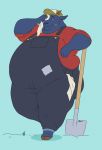  anthro barefoot belly big_belly big_butt black_fur blue_background bovid butt caprine clothed clothing fur goat hat hi_res holding_object hooves horn leaning love_handles male mammal obese obese_male overalls overweight overweight_male rag shovel simple_background solo sweat sweatdrop thick_thighs tousou_(artist) 