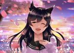  1girl animal_ears atago_(azur_lane) atago_(school_daydream)_(azur_lane) azur_lane bangs black_hair blurry blurry_background blush breasts cherry_blossoms collarbone extra_ears eyebrows_visible_through_hair floating_hair half-closed_eye hand_up kagiyama_(gen&#039;ei_no_hasha) large_breasts long_hair looking_at_viewer mole mole_under_eye one_eye_closed open_mouth outdoors petals ribbon sailor_collar school_uniform serafuku sidelocks smile solo sparkle sunrise sweater swept_bangs upper_body white_ribbon wind 