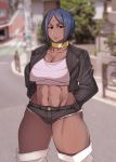  abs bindi blue_hair boots breasts cleavage cropped_jacket cutoffs dark_skin denim denim_shorts eyebrows facial_mark fatima_(korotsuke) forehead_mark highres jacket korotsuke large_breasts leather leather_jacket looking_at_viewer midriff muscle muscular_female navel original short_hair short_shorts shorts solo thigh_boots thighhighs white_footwear white_legwear 