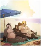  anthro artdecade badger beach beard black_fur blonde_hair brown_fur canid canine casual_nudity eyewear facial_hair fluffy fluffy_tail fur glasses grey_fur hair happy male mammal musclegut mustelid musteline nude overweight overweight_male raccoon_dog sand seaside slightly_chubby smile sunset tanuki towel umbrella ursid 