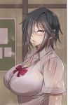  1girl black_hair blush breasts freckles glasses hair_over_one_eye highres korotsuke large_breasts lips looking_at_viewer nekura_anko open_mouth original pink-framed_eyewear red_eyes school_uniform see-through semi-rimless_eyewear shirt short_hair solo sweat under-rim_eyewear wet wet_clothes wet_shirt 