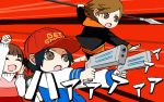  1girl 2boys amada_ken attacking baseball_cap black_hair brown_eyes brown_hair cheering doujima_nanako dress dual_wielding hat hatomugi_gohan holding hood hoodie jacket letterman_jacket multiple_boys oda_shinya parody persona persona_3 persona_4 persona_5 persona_q2:_new_cinema_labyrinth persona_q_(series) polearm spear weapon 