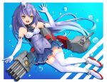  0625a 1girl anchor azur_lane blue_hair breasts cannon character_request collar detached_sleeves dixie_cup_hat full_body hat long_hair looking_at_viewer military_hat open_mouth rigging sleeveless small_breasts solo thighhighs torpedo torpedo_tubes waving weapon white_legwear yellow_eyes 