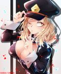  1girl absurdres artist_name black_bodysuit blonde_hair bodysuit boku_no_hero_academia breasts brown_eyes cleavage commentary_request hand_on_headwear hat highres invidiata large_breasts long_hair long_sleeves looking_at_viewer looking_up one_eye_closed parted_lips peaked_cap solo unzipped upper_body utsushimi_kemii 