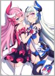  2girls bare_shoulders black_gloves blue_eyes blue_ribbon boots bow choker dress fang frilled_dress frills gloves hair_bow hair_ornament hair_ribbon hairclip hand_holding honkai_(series) honkai_impact_3 liliya_olyenyey long_hair looking_at_viewer mechanical_tail midriff_cutout multiple_girls open_clothes open_dress open_mouth pink_hair pink_ribbon purple_eyes ribbon rozaliya_olyenyey siblings smile tail thigh_boots thighhighs twins white_legwear 