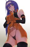  1girl bad_anatomy belt black_legwear blue_hair blush breasts cowboy_shot detached_sleeves finger_to_mouth fingerless_gloves fire_emblem fire_emblem:_souen_no_kiseki gloves green_eyes hairband headband highres index_finger_raised lifted_by_self long_hair looking_at_viewer looking_down medium_breasts messatsu_tan navel nintendo panties self_exposure shushing skirt skirt_lift smile solo standing thighhighs underwear wayu_(fire_emblem) white_hairband white_headband zettai_ryouiki 