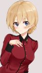  1girl blonde_hair blue_eyes braid cowboy_shot darjeeling french_braid girls_und_panzer hair_between_eyes hand_on_own_chest highres mamu_t7s rating short_hair smile solo st._gloriana&#039;s_military_uniform white_background 