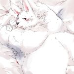  2019 anthro bed blush fur lagomorph leporid male mammal moobs nipples overweight overweight_male rabbit solo white_fur yuuya333 