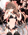  1girl :o bangs bare_arms bare_shoulders black_bra black_legwear black_panties blush bra breasts breasts_apart brown_hair cherry_blossoms collarbone commentary_request contrapposto cowboy_shot floating_hair frills frown full_moon furrowed_eyebrows garter_straps green_eyes hair_between_eyes hair_ribbon hands_up lingerie long_hair looking_at_viewer moon navel original panties parted_lips petals pink_ribbon ribbon sidelocks small_breasts solo standing stomach thighhighs thighs tree twintails twitter_username underwear underwear_only very_long_hair yadapot 