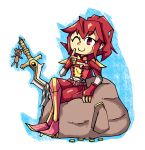  anna_(fire_emblem) bag commission fingerless_gloves fire_emblem gloves gold_coin intelligent_systems nintendo one_eye_closed pants red_eyes red_gloves red_hair red_pants setz stuffed_animal stuffed_toy sword teddy_bear weapon 