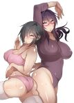  bangs black_hair blush breasts curvy freckles glasses hair_over_one_eye hair_ribbon highres korotsuke large_breasts leotard lips long_hair mature mother_and_daughter nekura_anko nekura_momoe original pink-framed_eyewear pink_eyes plump ponytail purple_hair pursed_lips ribbon semi-rimless_eyewear thighhighs thighs white_legwear 