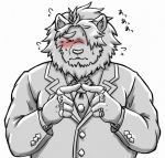  2019 anthro beard blush clothing eyes_closed facial_hair felid humanoid_hands iriai_inasa japanese_text lion male mammal necktie oz_(tas) pantherine shirt simple_background solo text tokyo_afterschool_summoners video_games white_background 