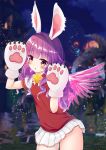  1girl animal_ears arms_up bell blush bunny_ears elin_(tera) feathered_wings gloves jingle_bell long_hair miniskirt outdoors paw_gloves paws pink_wings purple_eyes purple_hair red_sweater shirt short_sleeves skirt solo sweater sweater_vest tera_online whiskers white_gloves white_shirt white_skirt wings 