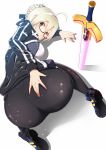  1girl all_fours artoria_pendragon_(all) ass bike_shorts black_footwear black_jacket black_legwear blonde_hair blue_bow bow braided_bun excalibur fate/grand_order fate_(series) from_above from_behind glasses hair_bow highres jacket kawaruhi looking_at_viewer mysterious_heroine_x_(alter) shiny shiny_clothes shoes short_hair simple_background skin_tight solo thighhighs white_background yellow_eyes 