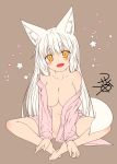  1girl animal_ear_fluff animal_ears areola_slip areolae bangs bare_shoulders blush breasts brown_background cleavage collarbone commentary_request fang flower fox_ears fox_tail full_body kohaku_(yua) large_breasts lips long_hair looking_at_viewer naked_shirt navel off-shoulder_shirt off_shoulder open_clothes open_mouth open_shirt oppai_loli original pink_shirt shirt short_eyebrows simple_background sitting sketch slit_pupils solo tail thick_eyebrows white_hair yellow_eyes yua_(checkmate) 